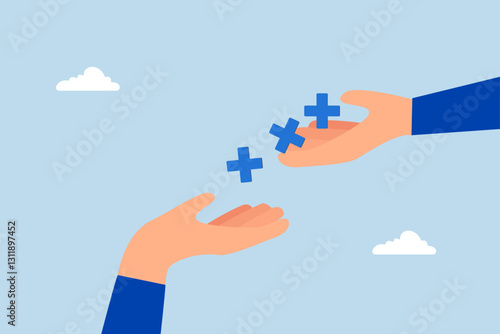 Forward positivity, businessman extends hand with a positive plus sign to his colleagues. 