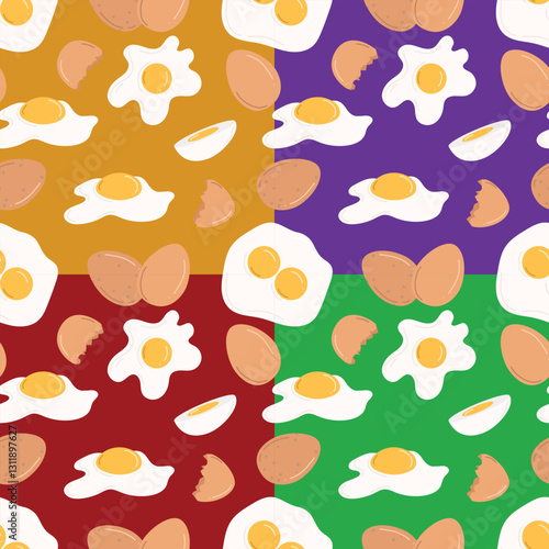 Seamless pattern with chicken eggs. Hand drawn vector illustration in flat style. Whole brown eggshell eggs, boiled, fried eggs, yolk, broken eggshells. Concept of tasty breakfast, farm, cooking