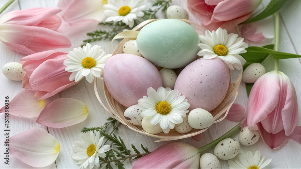 A delicate arrangement of Easter eggs in soft pastel tones with tulip petals and daisy blooms framing the image with clear copy space. A delicate arrangement of Easter eggs in soft pastel tones with tulip petals and daisy blooms framing the image with clear copy space.