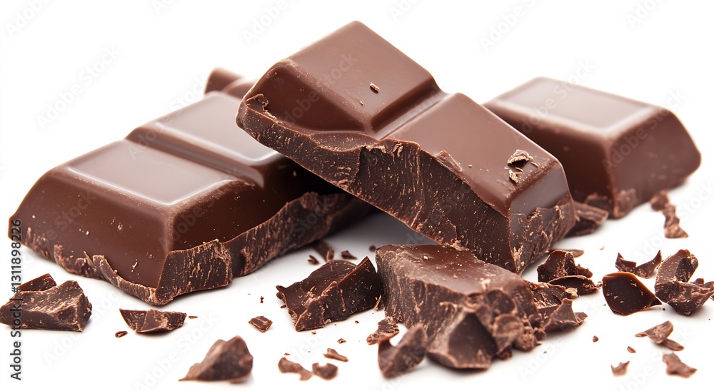 Rich Dark Chocolate Bar with Pieces and Crumbles on White Surface for Culinary Use : Generative AI