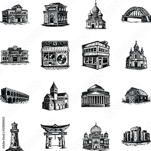 Collection of Building Structure Vintage Illustrations 


