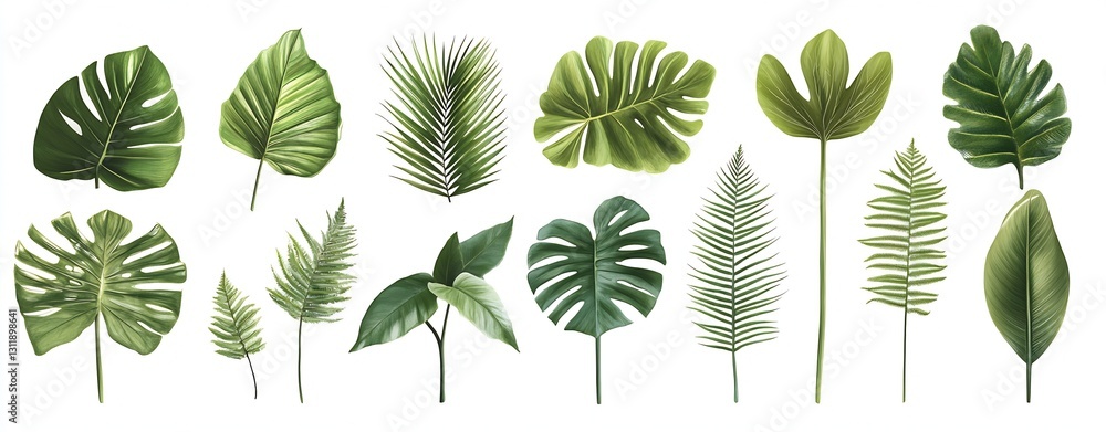 Collection of realistic green tropical leaves in various shapes and sizes for design projects : Generative AI Collection of realistic green tropical leaves in various shapes and sizes for design projects : Generative AI