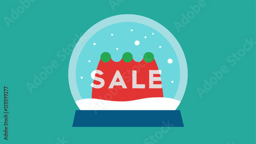 These descriptions encapsulate the spirit of a sale sign within a snow globe emphasizing the festive nature of the products and the holiday season.