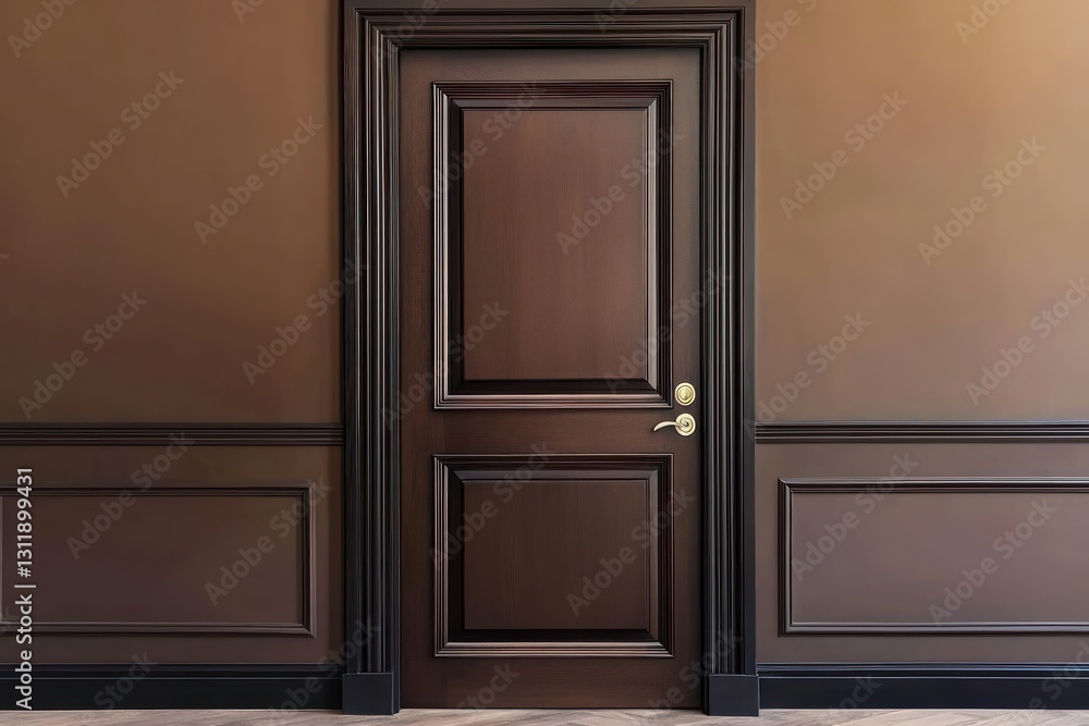 Cocoa-brown wall with walnut door, deep modern tones. Cocoa-brown wall with walnut door, deep modern tones.