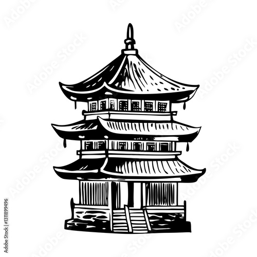Buddhist pagoda building vintage style illustration