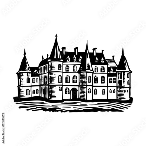 French chateaux building illustration in vintage style