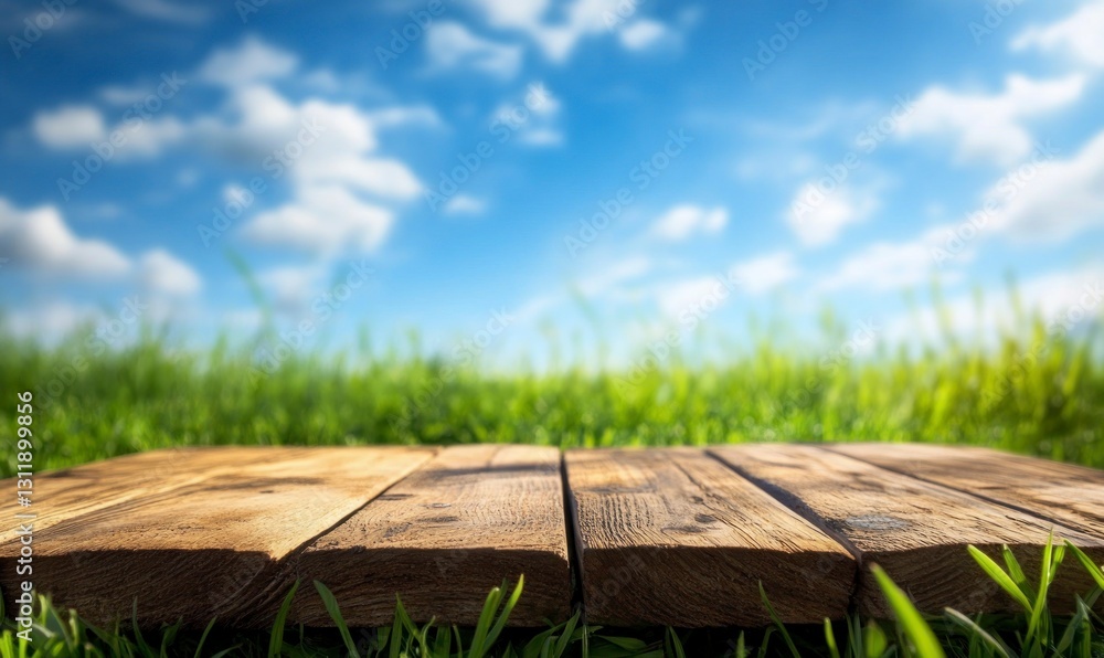 Wooden Plank Surface with Green Grass and Blue Sky Background Wooden Plank Surface with Green Grass and Blue Sky Background