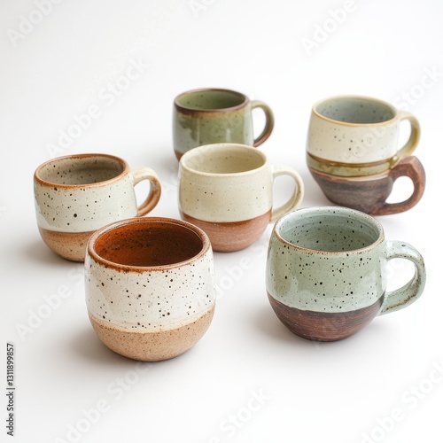 Six Speckled Ceramic Mugs on White Background