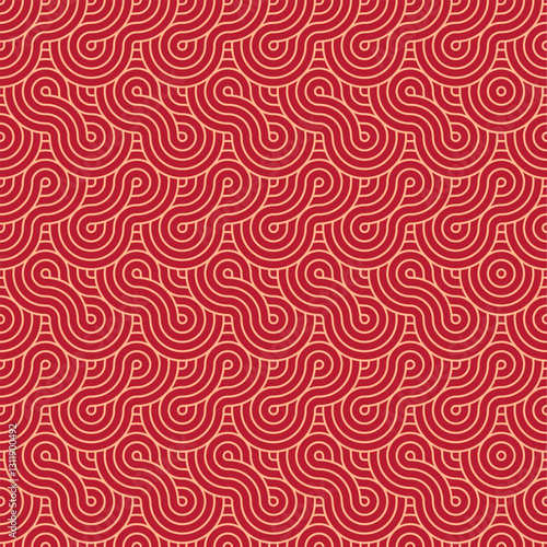Vector Japanese seamless pattern in oriental geometric traditional style. Festive ornament for lunar chinese new year decoration. Red and golden asian creative motif. Abstract Waves and Circles.