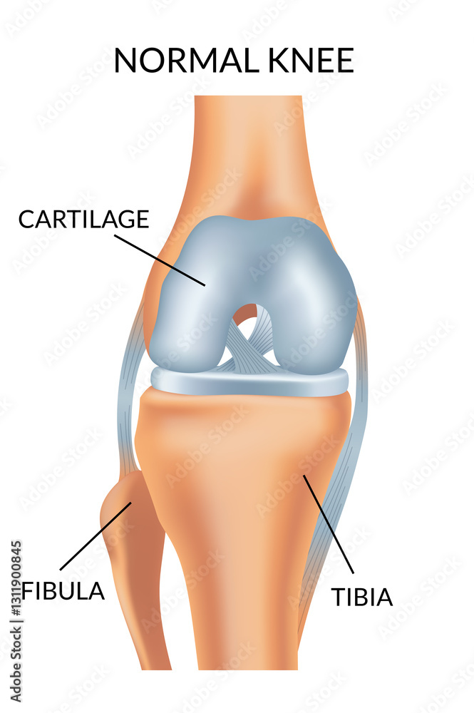 Knee arthrosis. Healthy knee structure. Bone exposure, healthy knee structure comparison. Medical poster with foot bones. Isolated illustration