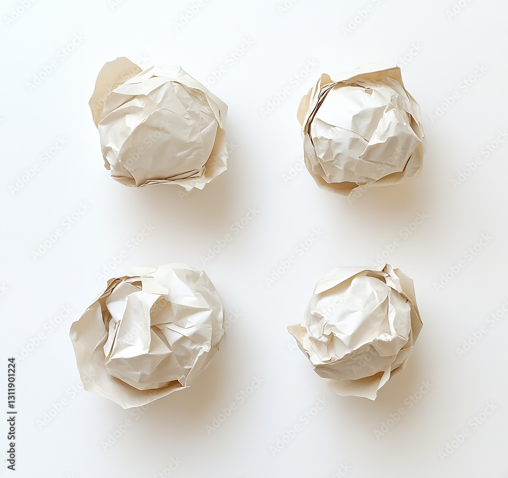 Crumpled paper balls arranged artistically on a white background for creative concepts : Generative AI Crumpled paper balls arranged artistically on a white background for creative concepts : Generative AI