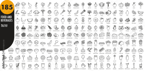 Food and beverages big editable stroke thin line icons set. Fruits, vegetables, nuts, sweets, cheese, diary, meat, seafood, fast food, pastry, seeds, berries, drinks, cakes, meals, vector illustration