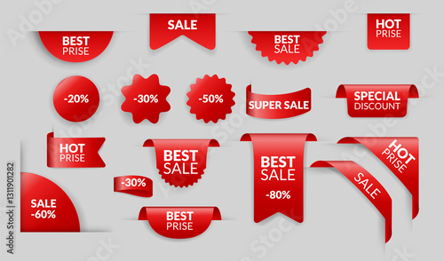 Corners and ribbons icon set. Product red banner, price shopping tags. Promotion sale badges, special offer stickers. Discount and price offer concept. sticker templates