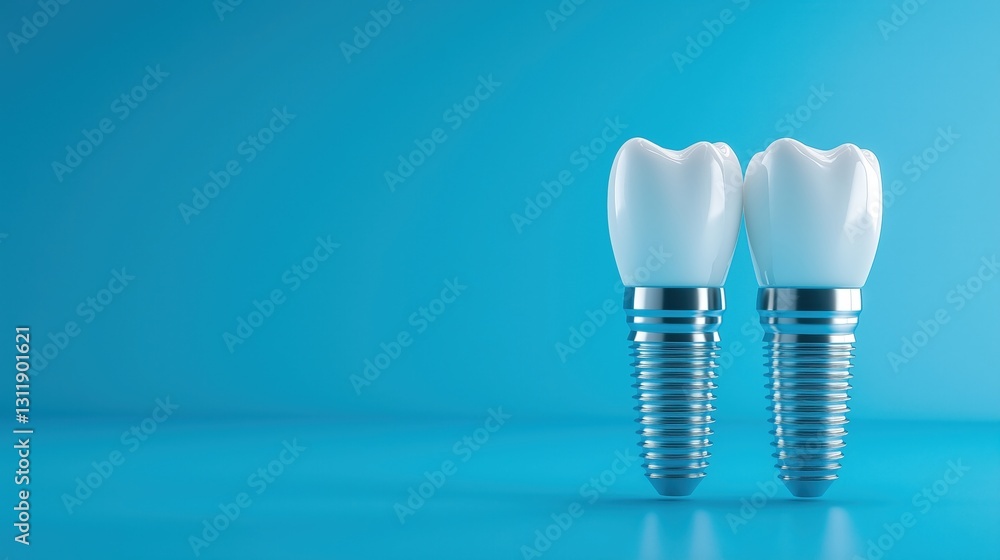 Two dental implants displayed against a blue background, showcasing modern dental technology for tooth replacement. Two dental implants displayed against a blue background, showcasing modern dental technology for tooth replacement.
