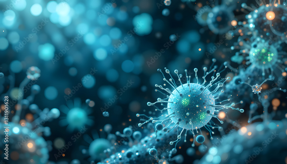 Fototapeta premium Highly detailed 3D-rendered close-up of microscopic cells dividing, surrounded by glowing molecular structures and chemical reactions.