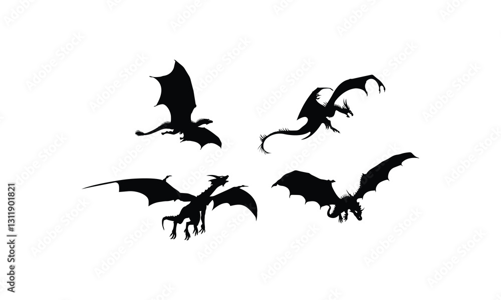 Naklejka premium Set of black dragon silhouettes isolated on a white