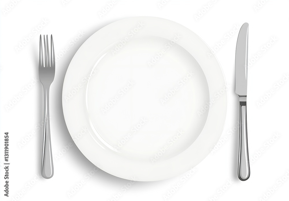 Empty white plate with fork and knife on clean background for minimal dining concept : Generative AI Empty white plate with fork and knife on clean background for minimal dining concept : Generative AI