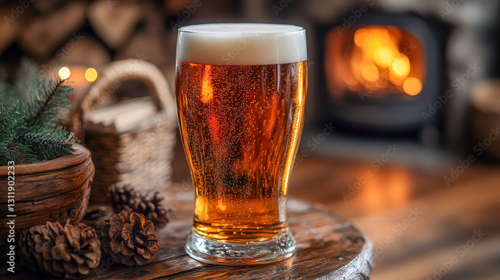 Enjoying a Refreshing Pint of Amber Ale in a Cozy Setting with a Crackling Fireplace Enjoying a Refreshing Pint of Amber Ale in a Cozy Setting with a Crackling Fireplace