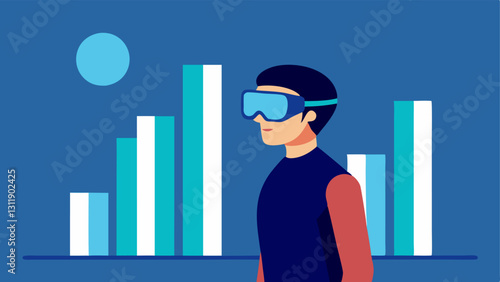 User with AR Glasses A person wearing sleek augmented reality glasses while standing in a welllit room looking at large floating bar graphs illustrating their daily calorie intake.