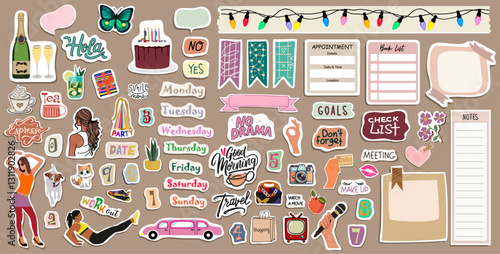 Set of weekly, daily planner stickers. Cute cartoon image, trendy lettering, washi tape for diaries. Signs, symbols, objects for scheduler, organizer. Colorful vector illustrations, digital stickers.