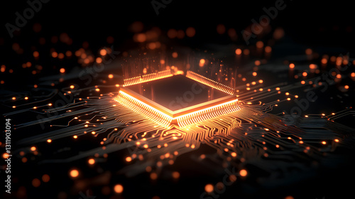 A hyper-realistic AI microchip suspended in a dark space, illuminated by pulsating electric currents. The circuit board surrounding the chip features intricate patterns, resembling a neural network.