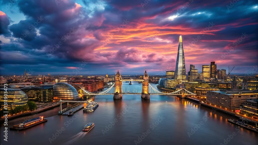 Fototapeta premium Londons Breathtaking Twilight Skyline, A Vibrant Tapestry Of Iconic Landmarks Bathed In A Fiery Sunsets Glow, Reflecting On The Thames Rivers Calm Waters