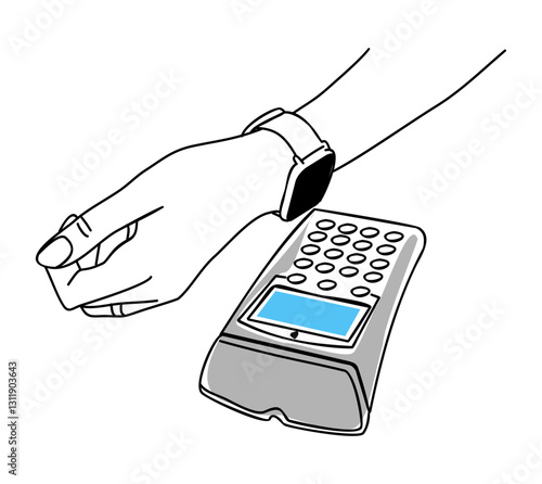 Contactless payment. Hands with smart watch making payment by POS, Point Of Sale terminal. Wireless, cashless payments, nfc. Digital transaction and transfer concept. Hand drawn vector.