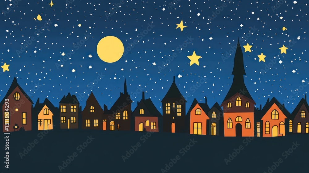 Nighttime Village Illustration with Starry Sky and Illuminated Windows Nighttime Village Illustration with Starry Sky and Illuminated Windows