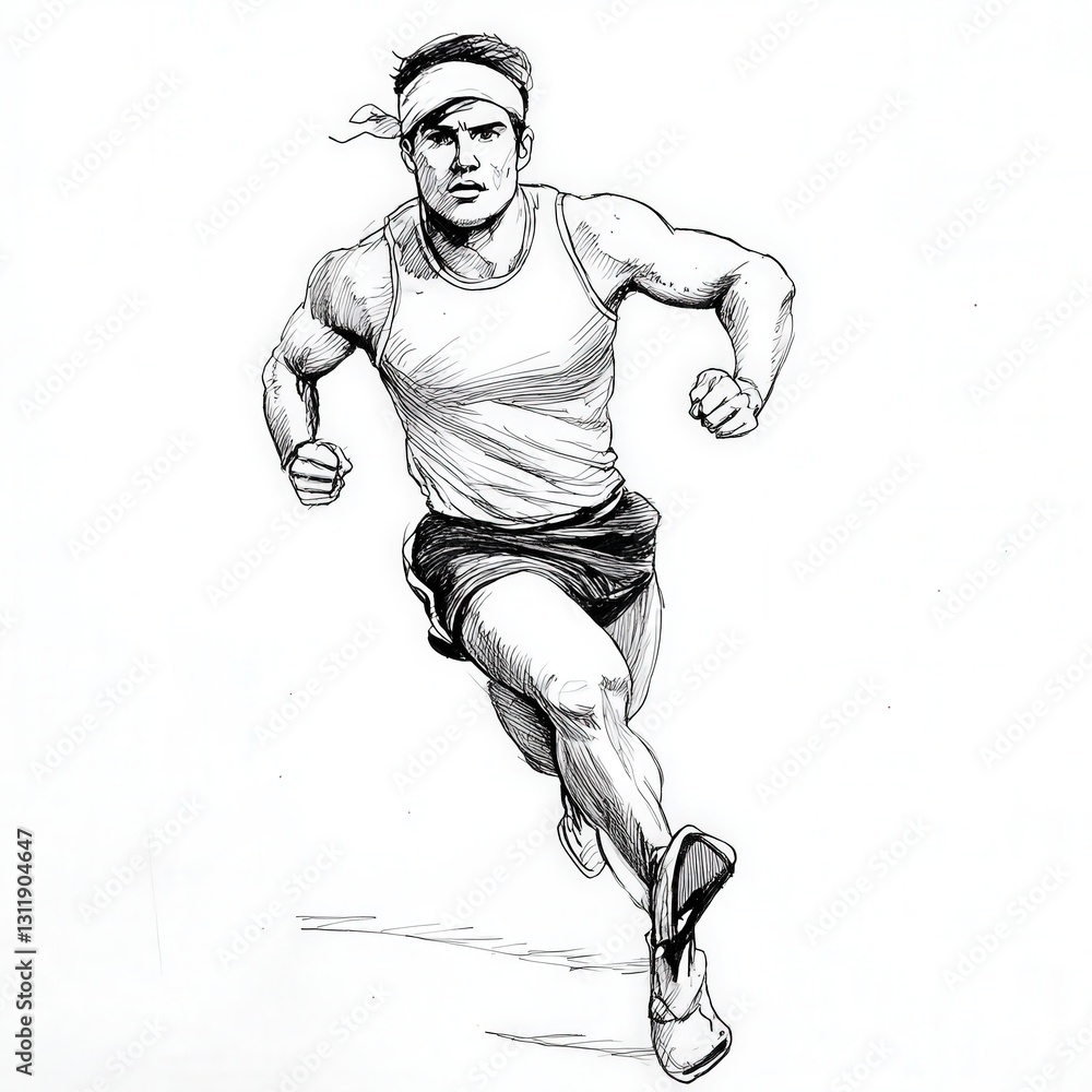 Fototapeta premium Determined Male Athlete Running Black and White Sketch