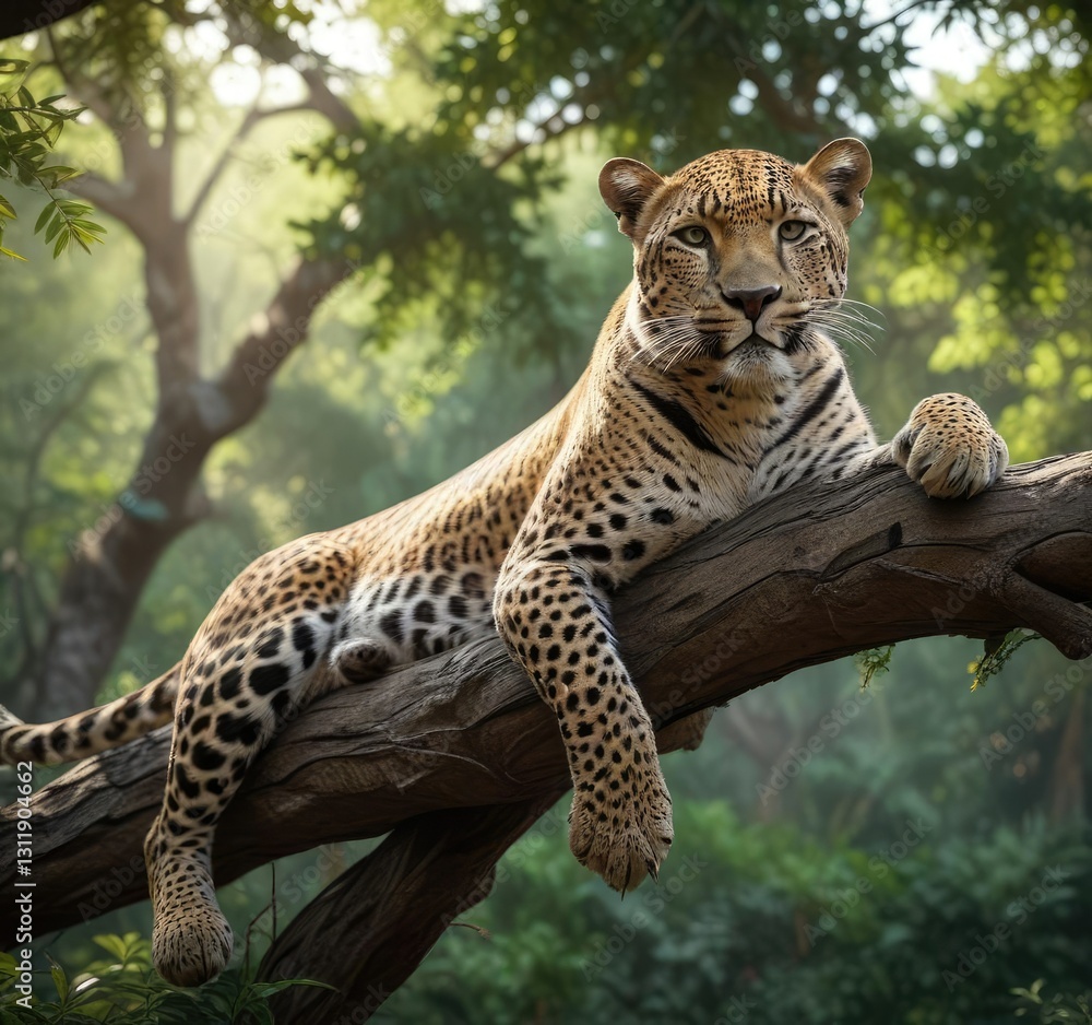 Obraz premium Majestic leopard resting on a tree branch in the jungle, peaceful, wildlife