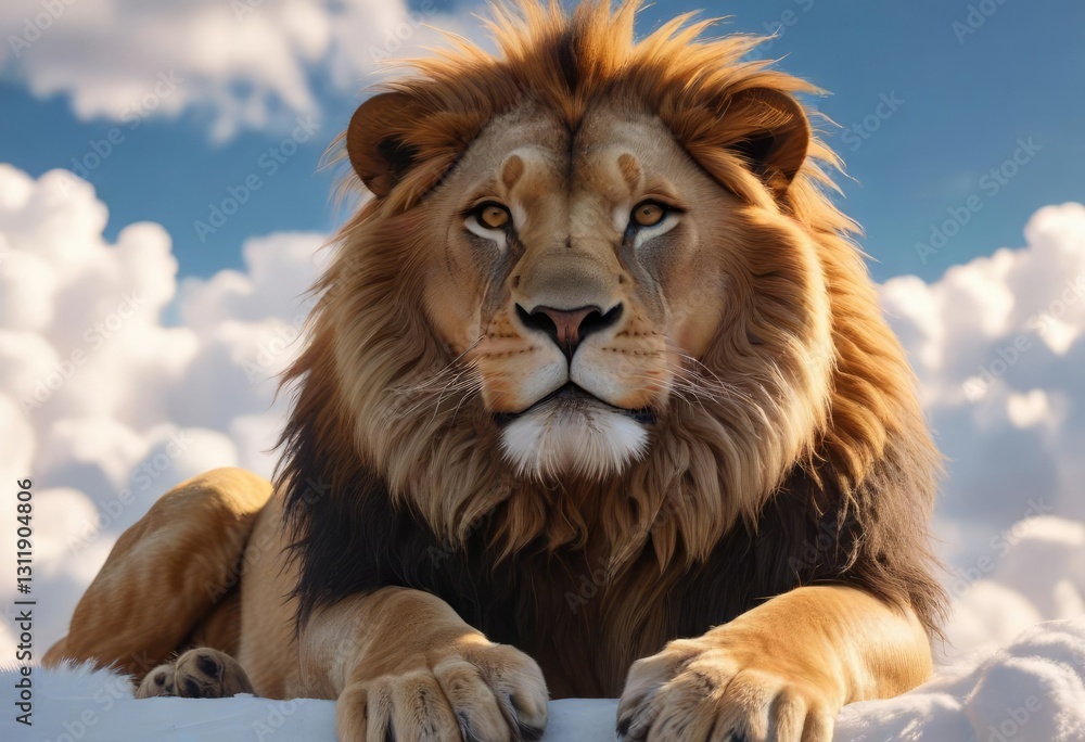 Fototapeta premium Majestic lion sits on a fluffy white cloud with paws folded in front of its body , beauty, serene