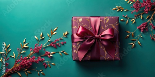 A richly hued gift, adorned with a luxurious ribbon and nestled amongst elegant gold-leaf branches and deep crimson berries, creates a festive and sophisticated scene.