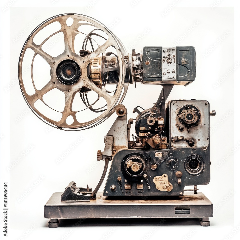 Naklejka premium Weathered Vintage Film Projector on White Background