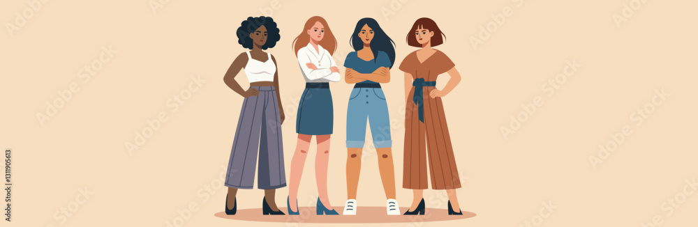 Equality Day. Women's Day. Different women stand together in protest, fighting for gender equality and women's empowerment. Vector banner with space for text for women's projects Equality Day. Women's Day. Different women stand together in protest, fighting for gender equality and women's empowerment. Vector banner with space for text for women's projects