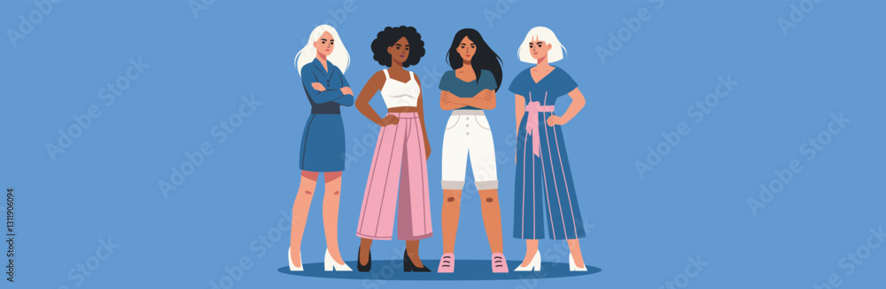Women's Day. Equality Day. Different women stand together in protest, fighting for gender equality and women's empowerment. Vector banner with space for text for women's projects Women's Day. Equality Day. Different women stand together in protest, fighting for gender equality and women's empowerment. Vector banner with space for text for women's projects