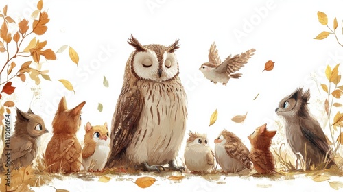 Wise Owl and Small Animals in Autumn Setting