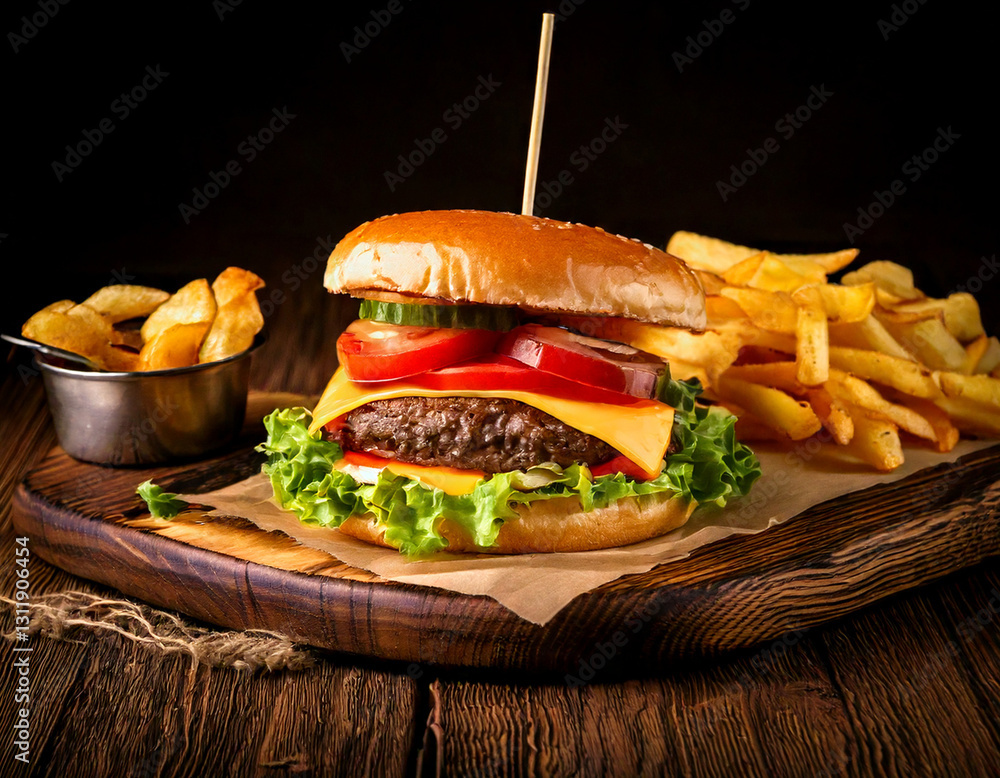 Craft burger with fries studio shot gourmet fast food