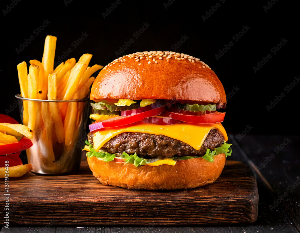 Craft burger with fries studio shot gourmet fast food