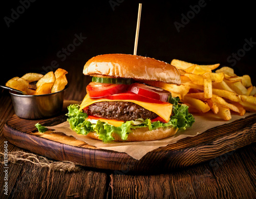 Obraz na płótnie Craft burger with fries studio shot gourmet fast food w salonie
