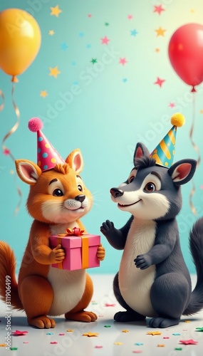 Cute animals wearing party hats and holding gifts in a birthday scene with streamers and balloons, birthday, fun