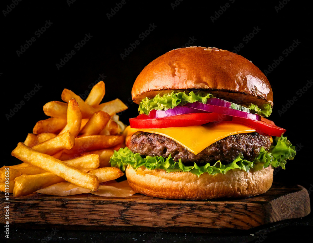 Craft burger with fries studio shot gourmet fast food