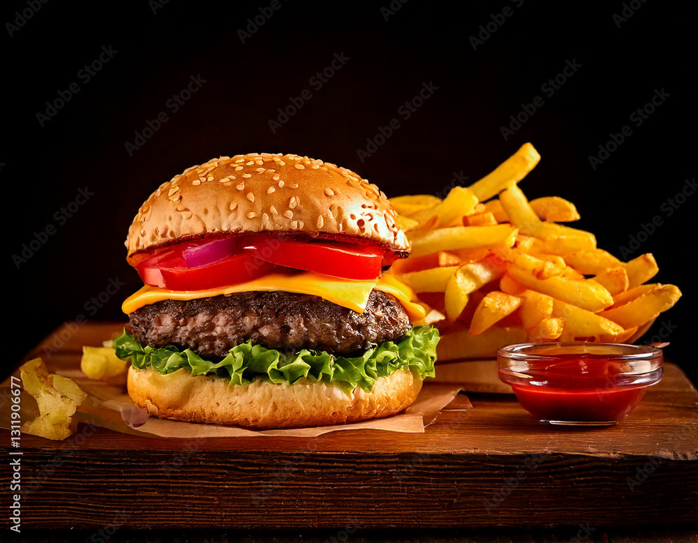 Craft burger with fries studio shot gourmet fast food