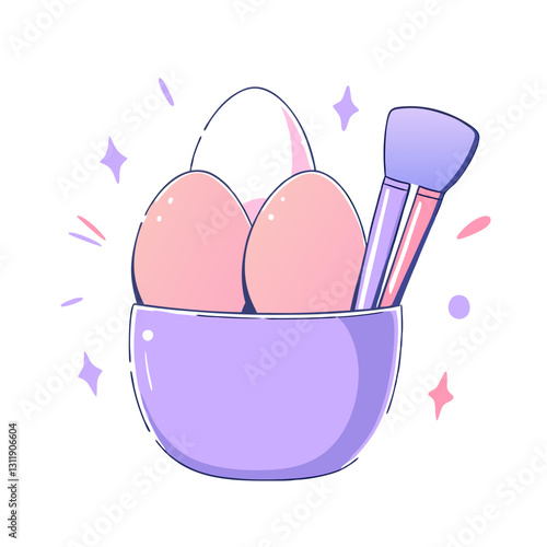 Cute pastel illustration of a bowl filled with beauty blenders and a makeup brush, symbolizing cosmetics, beauty, and self-care. Ideal for skincare and makeup themes.