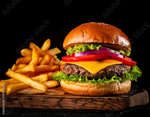 Obraz na płótnie Craft burger with fries studio shot gourmet fast food w salonie