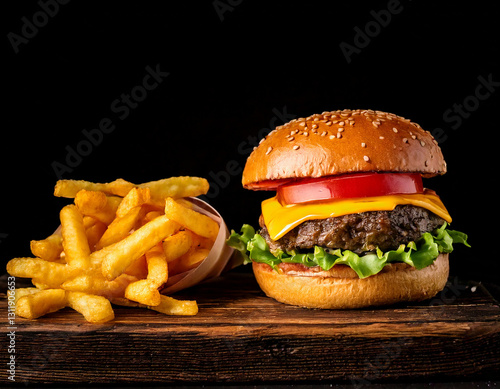 Obraz na płótnie Craft burger with fries studio shot gourmet fast food w salonie