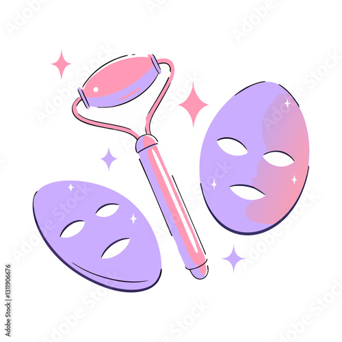 Stylized vector illustration of a facial roller and sheet masks in pastel tones, representing skincare, beauty, and self-care. Perfect for spa and wellness themes.