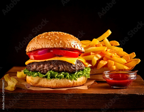 Obraz na płótnie Craft burger with fries studio shot gourmet fast food w salonie