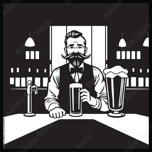 bartender with a mustache standing confidently behind a bar, featuring a beer tap and frothy mug sketch engraving generative ai raster illustration. Scratch board imitation. Black and white image