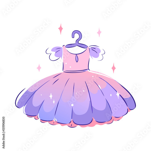 Minimalist vector illustration of a beautiful pastel princess dress with sparkles, symbolizing elegance, fantasy, and fairy tale fashion. Whimsical and charming design.