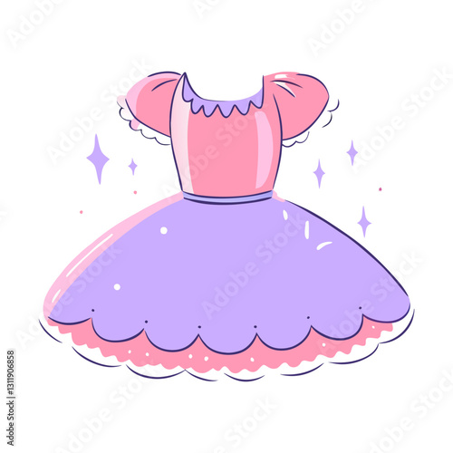 Minimalist vector illustration of a charming pastel princess dress with puffed sleeves and scalloped details, symbolizing elegance, fantasy, and fairy tale fashion.